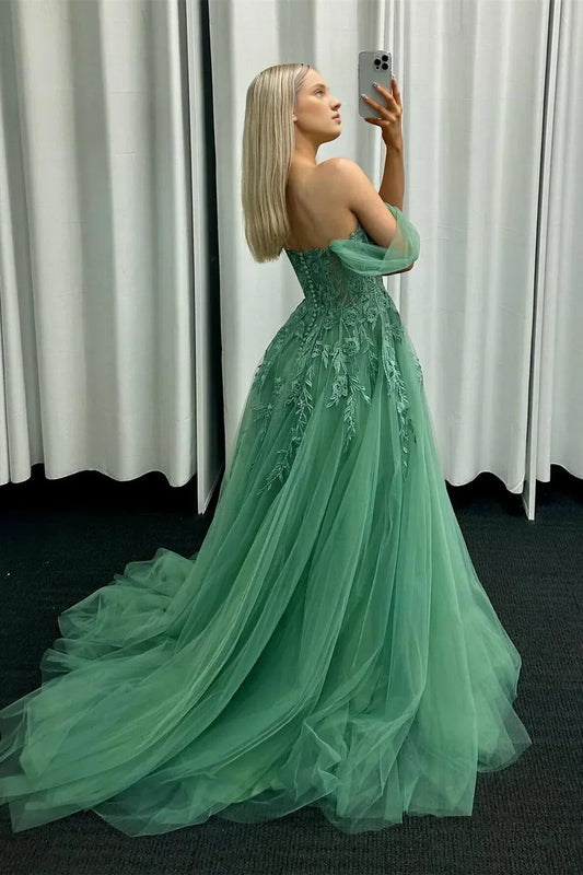 Off-the-Shoulder Tulle A-line Floral Sage Green Evening Dress Embroidery Strapless