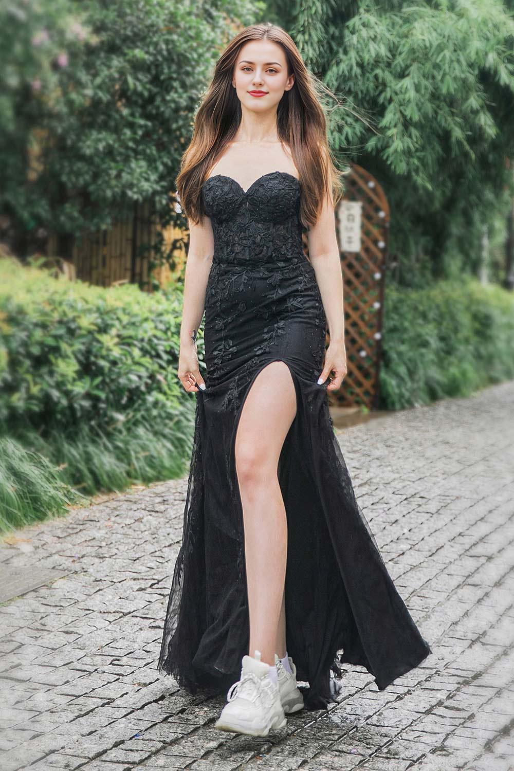 Off-the-Shoulder Tulle Long Sweetheart Appliques Side Split Prom Dress
