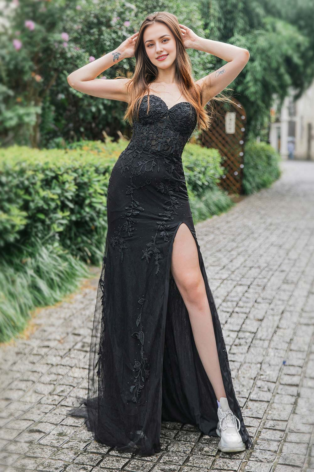 Off-the-Shoulder Tulle Long Sweetheart Appliques Side Split Prom Dress