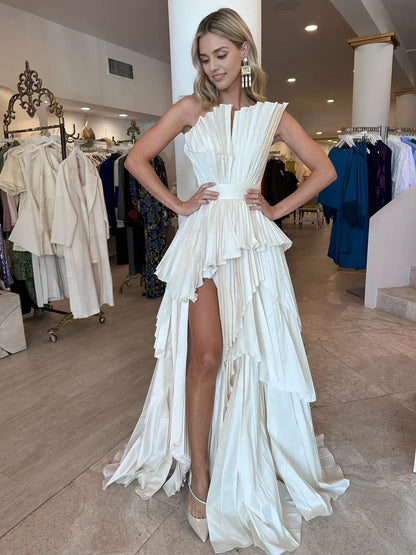 Off-the-Shoulder Unique Pleated Sleeveless Irregular Prom Dresses With Side Slit