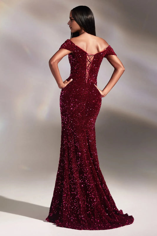 Off-the-Shoulder V Neck Pleats Mermaid Trumpet Floor-Length Evening Dress With Side Slit Cheap Red Sequin Prom Dresses