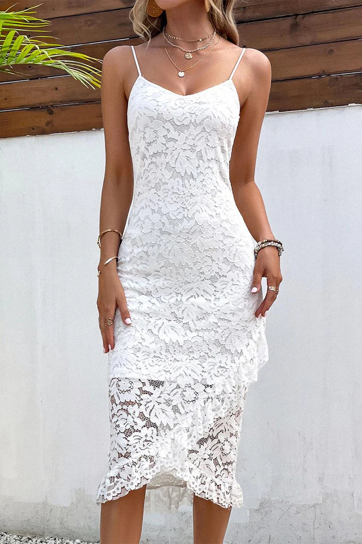 Off-the-Shoulder V Neck Sleeveless Spaghetti Straps White Lace Prom Dress