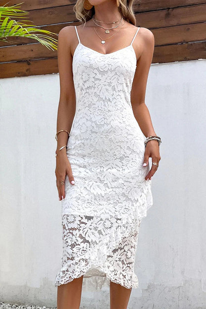 Off-the-Shoulder V Neck Sleeveless Spaghetti Straps White Lace Prom Dress