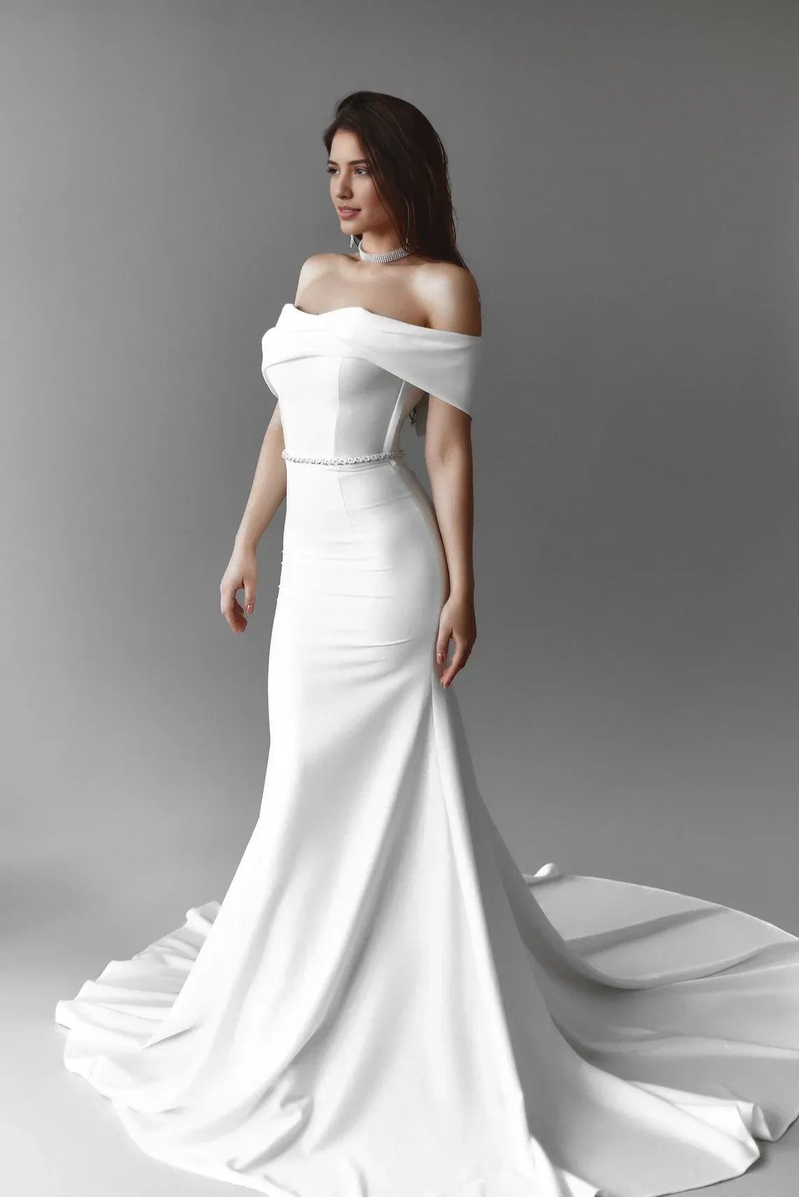 Off-the-Shoulder Wedding Dress Mermaid Simple Long Train Open Top Wedding Dress Unique Bride Dress With Long Train
