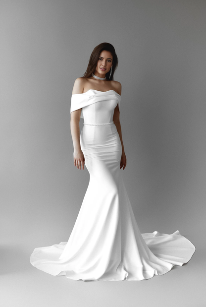 Off-the-Shoulder Wedding Dress Mermaid Simple Long Train Open Top Wedding Dress Unique Bride Dress With Long Train