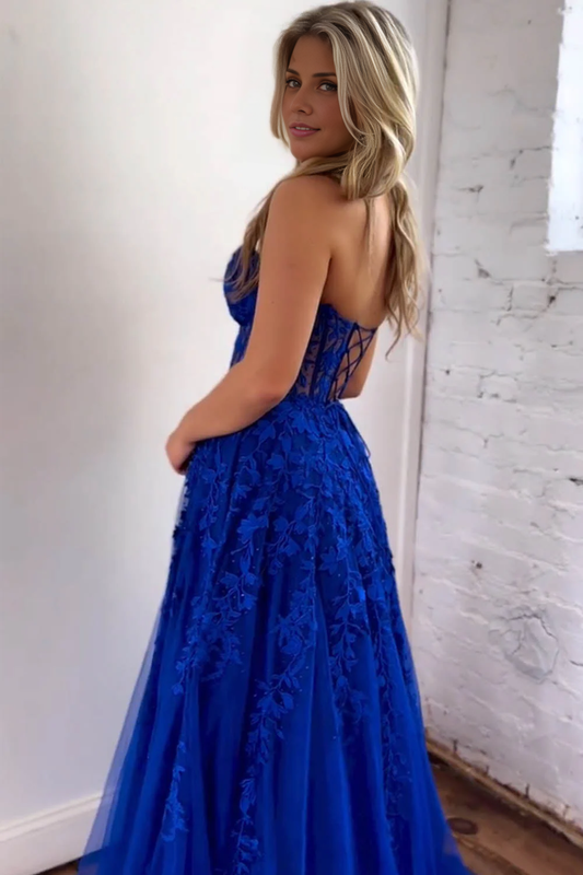Off-the-Shoulder A-Line Sweetheart Long Tulle Prom Dress With Appliques