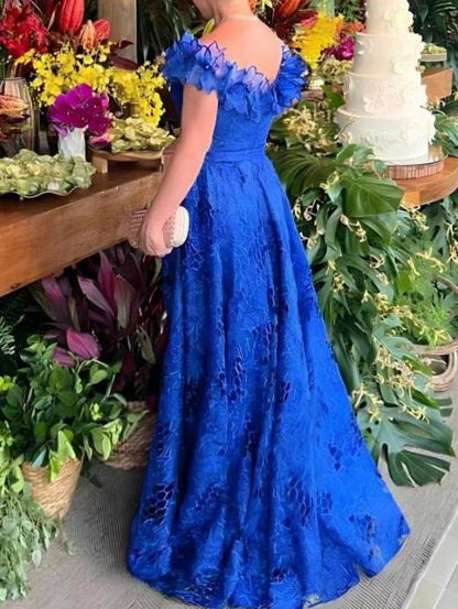 Off-the-Shoulder Prom Dress Floral Lace Long Wedding Guest Dress