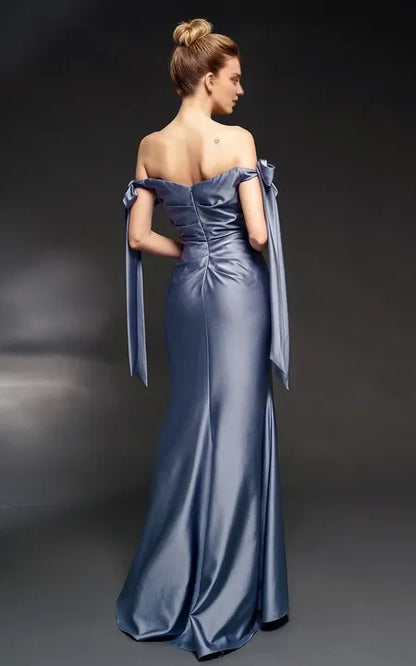 Off-the-shoulder Sweetheart Sheath Front Split Dress with Bows Prom Drerss/Formal Wear Dresses