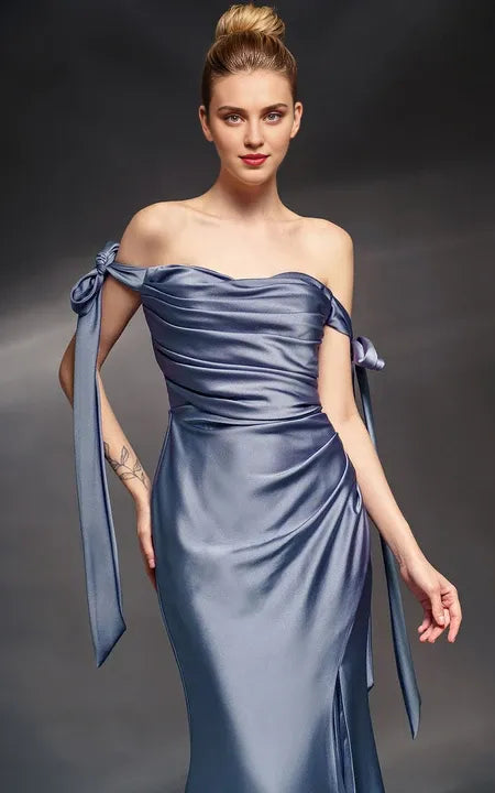 Off-the-shoulder Sweetheart Sheath Front Split Dress with Bows Prom Drerss/Formal Wear Dresses