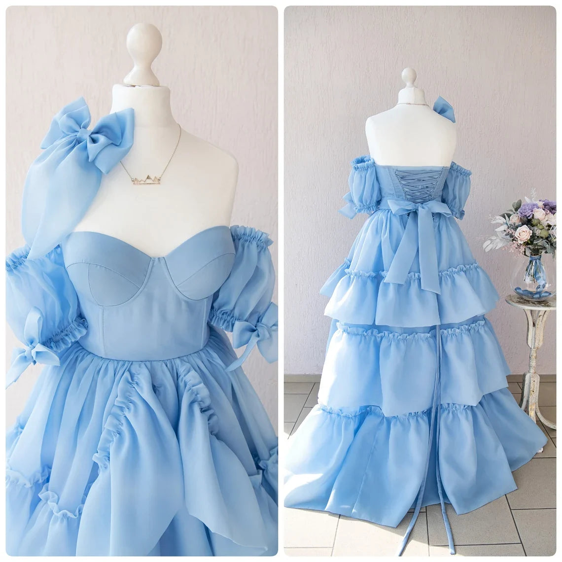 Off Shoulder A-line Floor Length Short Sleeves Tiered Ruffled Sweetheart Prom Dress