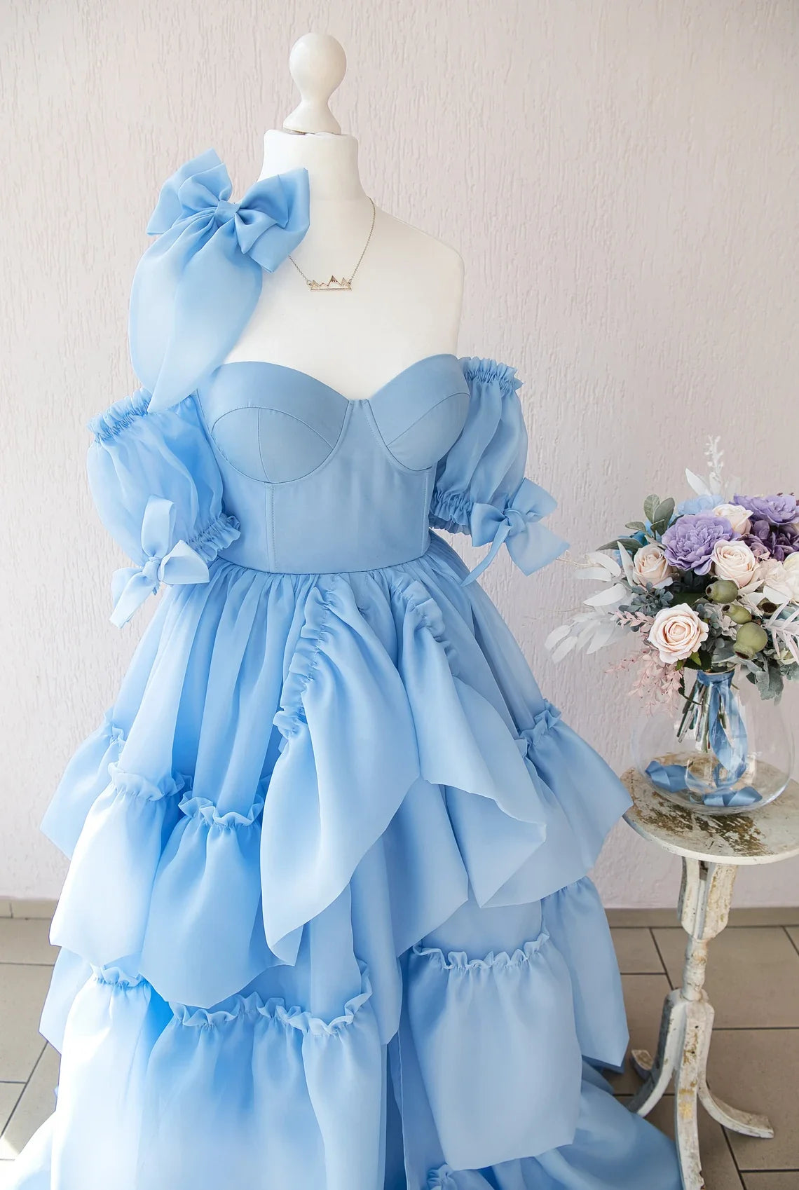 Off Shoulder A-line Floor Length Short Sleeves Tiered Ruffled Sweetheart Prom Dress