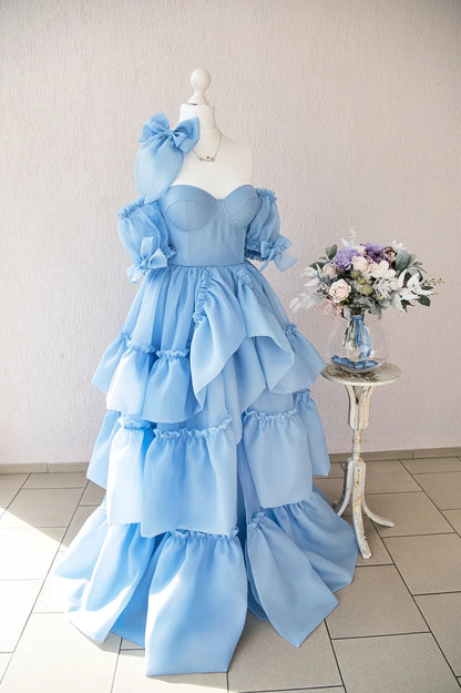Off Shoulder A-line Floor Length Short Sleeves Tiered Ruffled Sweetheart Prom Dress