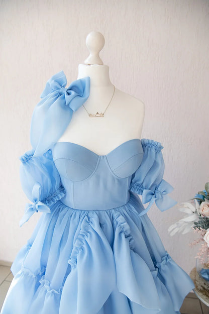 Off Shoulder A-line Floor Length Short Sleeves Tiered Ruffled Sweetheart Prom Dress