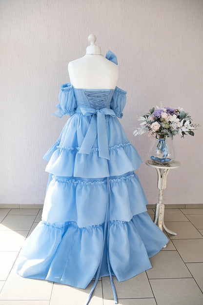 Off Shoulder A-line Floor Length Short Sleeves Tiered Ruffled Sweetheart Prom Dress
