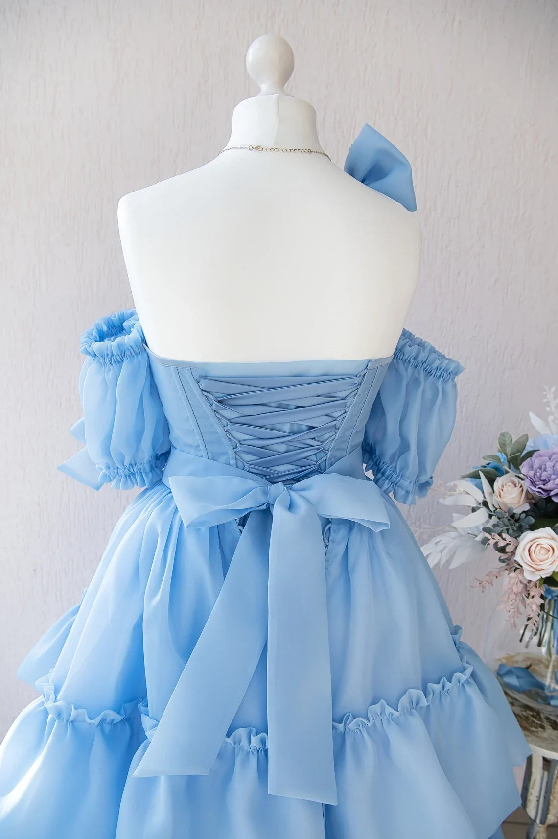 Off Shoulder A-line Floor Length Short Sleeves Tiered Ruffled Sweetheart Prom Dress