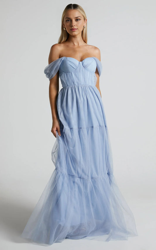 Off Shoulder Corset Bodice Tulle Floor-Length Dress Pink A-Line Sleeveless Elegant Zipper Up Evening Dress