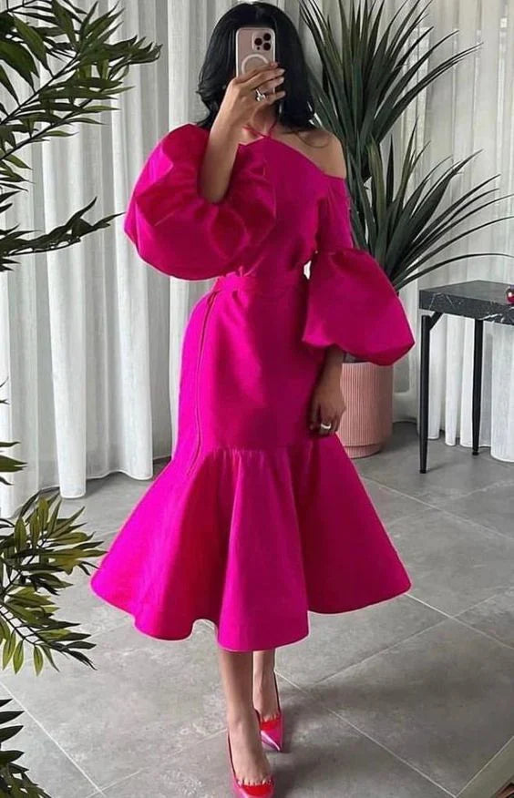 Off Shoulder Hot Pink Halter Prom Belt Puff Sleeve Party Dress Elegant Evening Dresses
