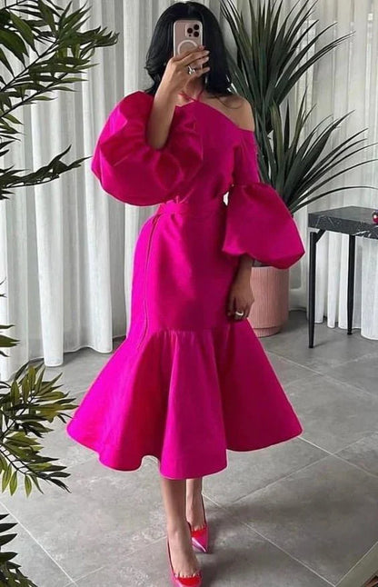 Off Shoulder Hot Pink Halter Prom Belt Puff Sleeve Party Dress Elegant Evening Dresses