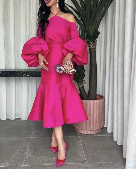 Off Shoulder Hot Pink Halter Prom Belt Puff Sleeve Party Dress Elegant Evening Dresses