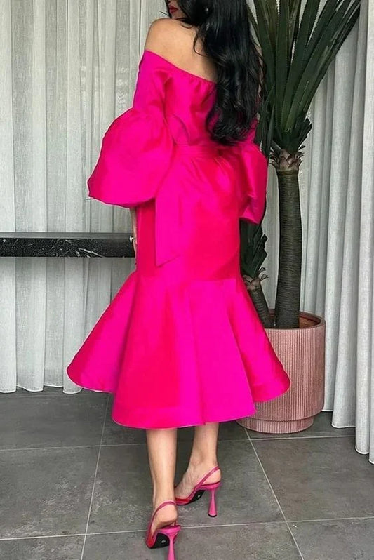 Off Shoulder Hot Pink Halter Prom Belt Puff Sleeve Party Dress Elegant Evening Dresses