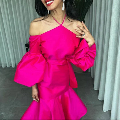 Off Shoulder Hot Pink Halter Prom Belt Puff Sleeve Party Dress Elegant Evening Dresses