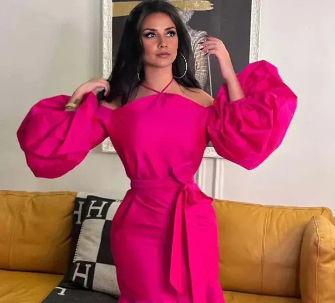 Off Shoulder Hot Pink Halter Prom Belt Puff Sleeve Party Dress Elegant Evening Dresses
