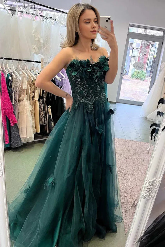 Off Shoulder Hunter Green 3D Floral Strapless Lace A-Line Prom Dress with Slit