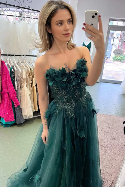Off Shoulder Hunter Green 3D Floral Strapless Lace A-Line Prom Dress with Slit