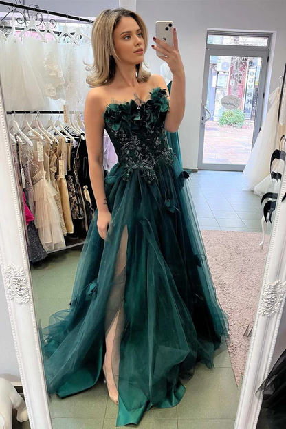 Off Shoulder Hunter Green 3D Floral Strapless Lace A-Line Prom Dress with Slit