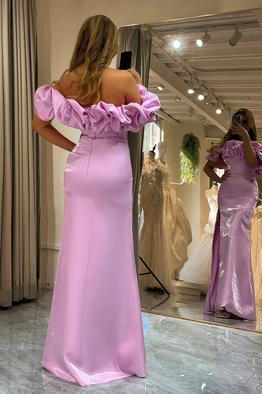 Formal Women's Dresses Chic Pink Off Shoulder Long Prom Dress with Slit Prom Dress Stores