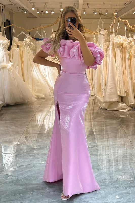 Formal Women's Dresses Chic Pink Off Shoulder Long Prom Dress with Slit Prom Dress Stores