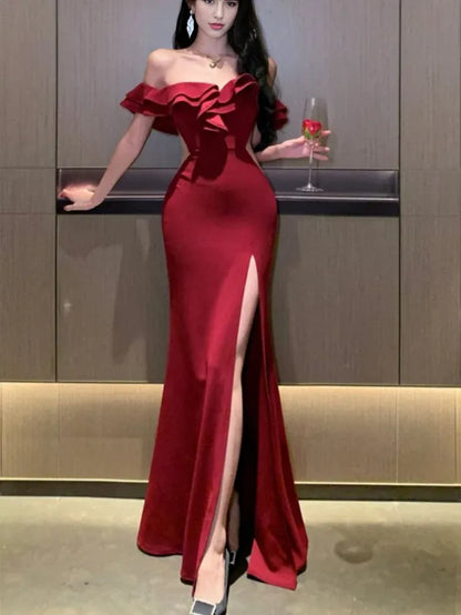 Dress Prom Dress Stores Red Off Shoulder Mermaid Ruffle Long Party Dress with Slit Formal Dresses