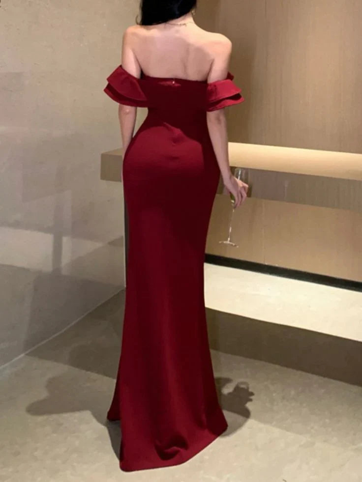 Dress Prom Dress Stores Red Off Shoulder Mermaid Ruffle Long Party Dress with Slit Formal Dresses
