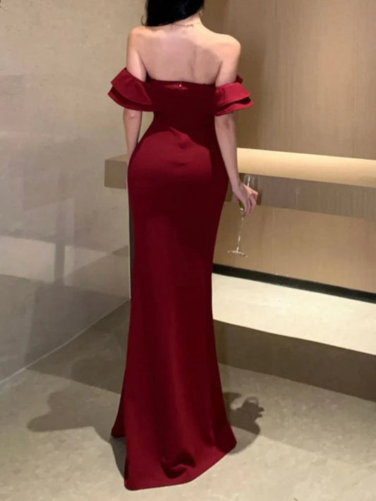 Dress Prom Dress Stores Red Off Shoulder Mermaid Ruffle Long Party Dress with Slit Formal Dresses