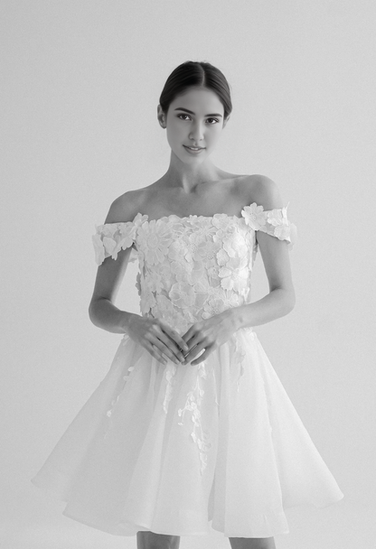 Off Shoulder Mini Dress Short A-line Wedding Dress Elopement Reception Dress With Applique