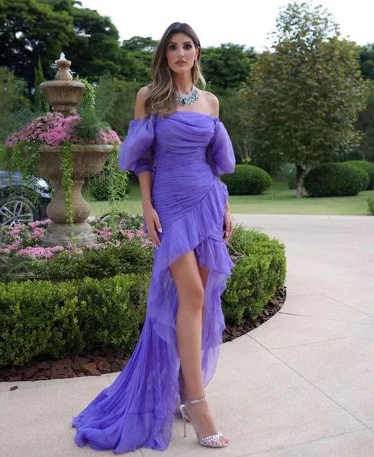 Formal Women's Dresses Purple High-Low Tulle Off Shoulder Prom Dress Party Dress Prom Dresses Stores