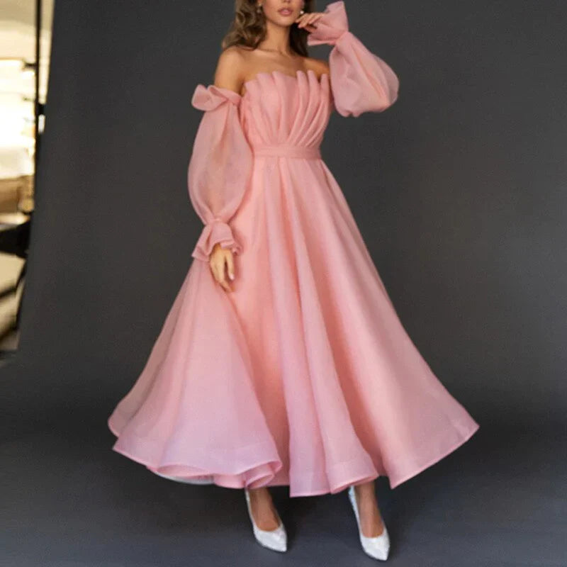 Formal Women's Dresses New Arrival Pink Tea-Length Sexy Off Shoulder Prom Dresses Prom Dresses Stores
