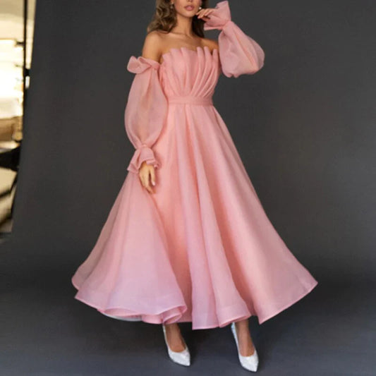 Formal Women's Dresses New Arrival Pink Tea-Length Sexy Off Shoulder Prom Dresses Prom Dresses Stores