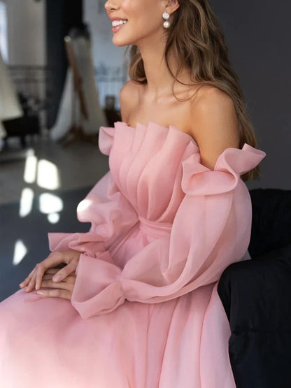 Formal Women's Dresses New Arrival Pink Tea-Length Sexy Off Shoulder Prom Dresses Prom Dresses Stores