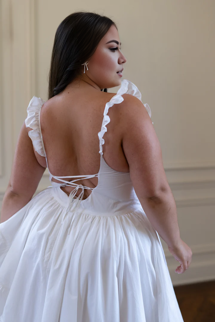 White Off Shoulder Ruffle Edge High And Low Side Elegant Dance Party Dress