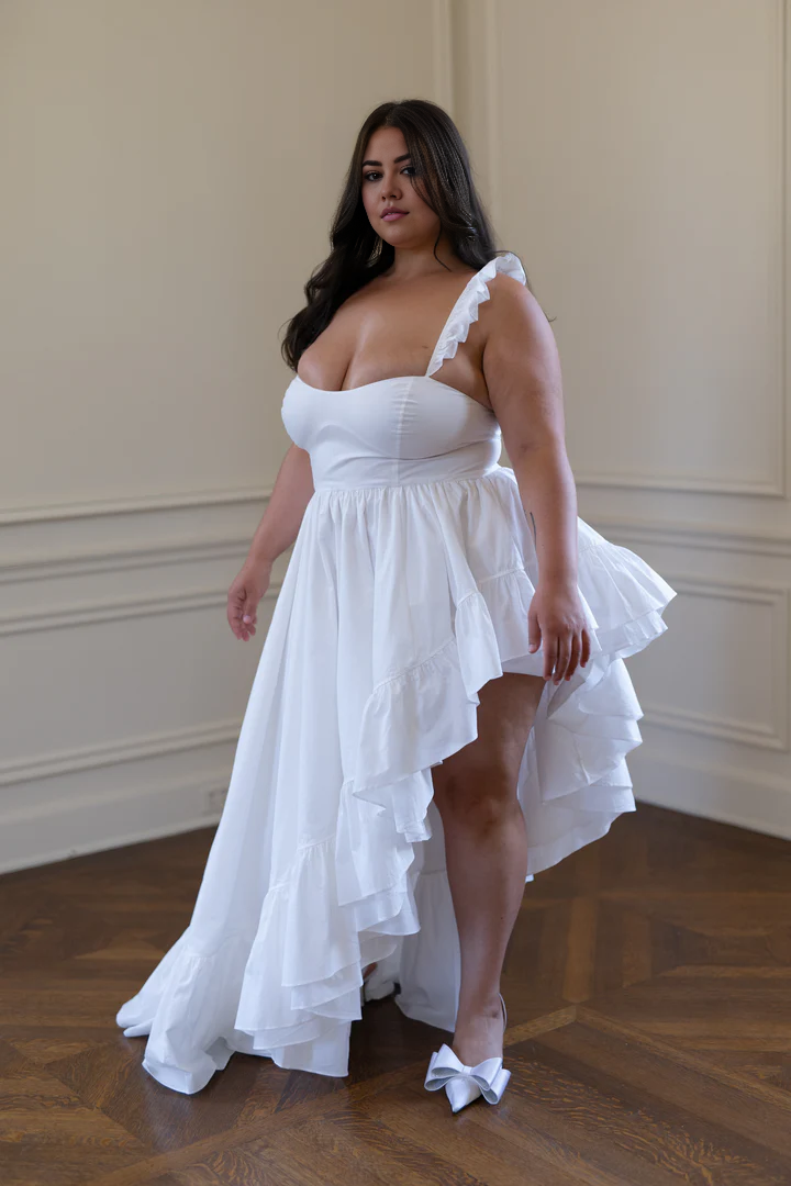 White Off Shoulder Ruffle Edge High And Low Side Elegant Dance Party Dress
