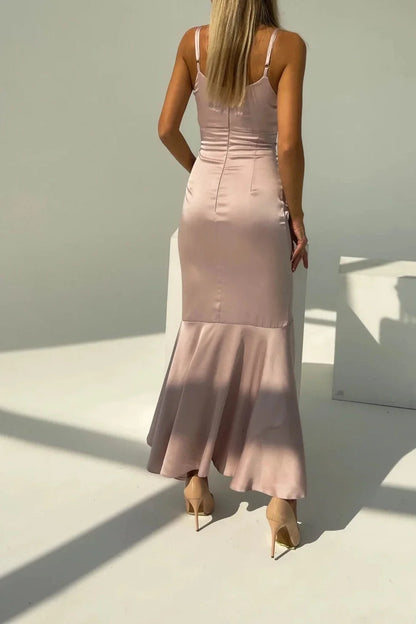 Off Shoulder Spaghetti Straps Satin V-neck Slip Sleeveless Mermaid Party Dress