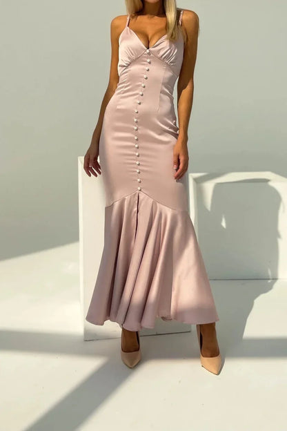 Off Shoulder Spaghetti Straps Satin V-neck Slip Sleeveless Mermaid Party Dress