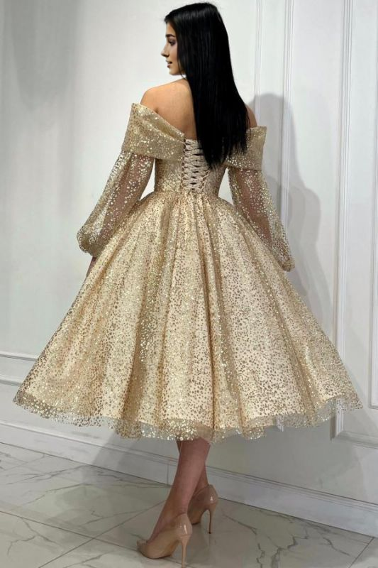 Off Shoulder Long Sleeves Glitter Ankle Length Party Prom Dresses