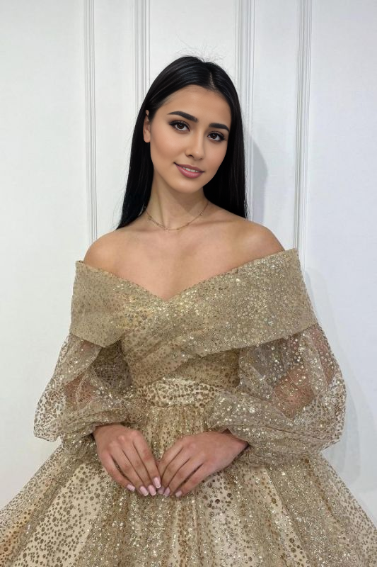 Off Shoulder Long Sleeves Glitter Ankle Length Party Prom Dresses