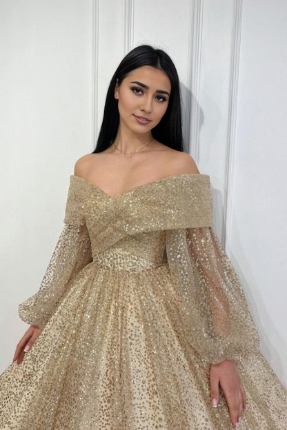 Off Shoulder Long Sleeves Glitter Ankle Length Party Prom Dresses