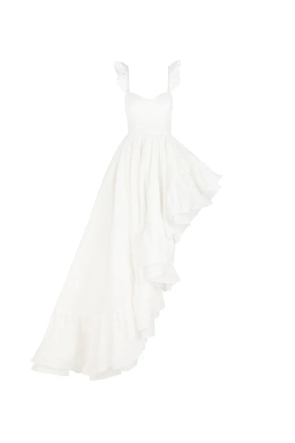 White Off Shoulder Ruffle Edge High And Low Side Elegant Dance Party Dress