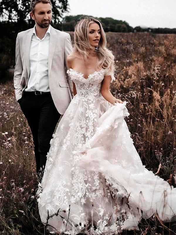 Off the Shoulder A Line Sleeveless Tulle Floral Lace Beach Wedding Dresses