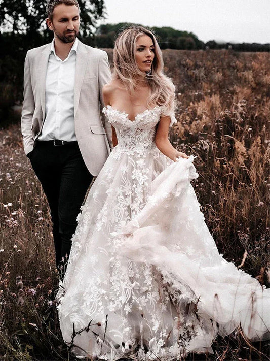 Off the Shoulder A Line Sleeveless Tulle Floral Lace Beach Wedding Dresses