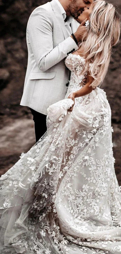 Off the Shoulder A Line Sleeveless Tulle Floral Lace Beach Wedding Dresses